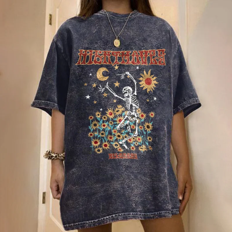   Dancing skeleton flower print comfortable T-shirt  - Neojana