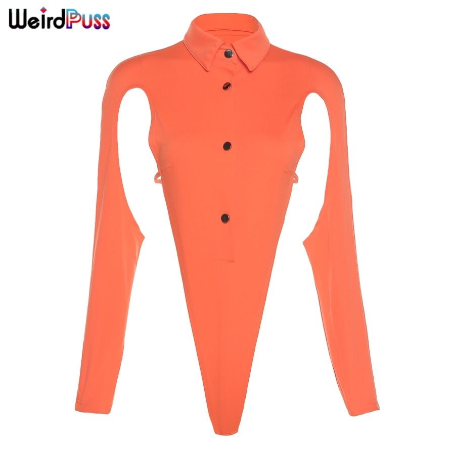 Weird Puss Long Sleeve Hollow Bodysuit Women Polo Neck Button Slim Tops Fashion All Match Bodycon Streetwear Summer Solid Outfit