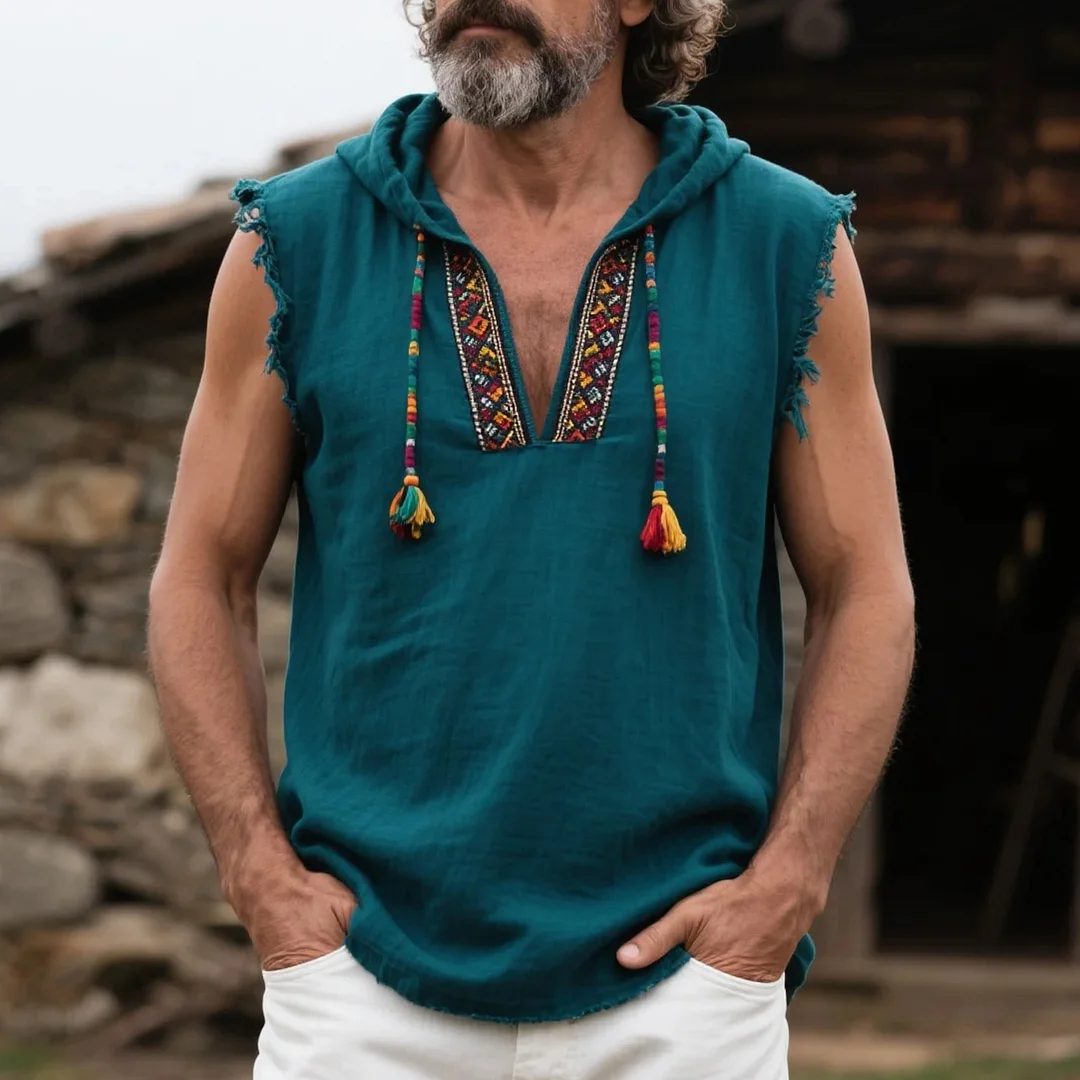  Bohemian Sleeveless Hoodie with Embroidered Details for Men-inspireuse