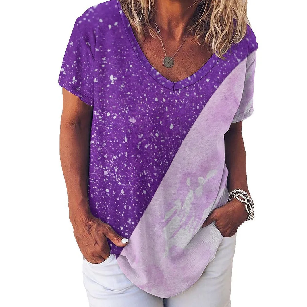 V-neck Short Sleeve Casual T-shirt for  Women Printed with Pattern Purple, Patchwork