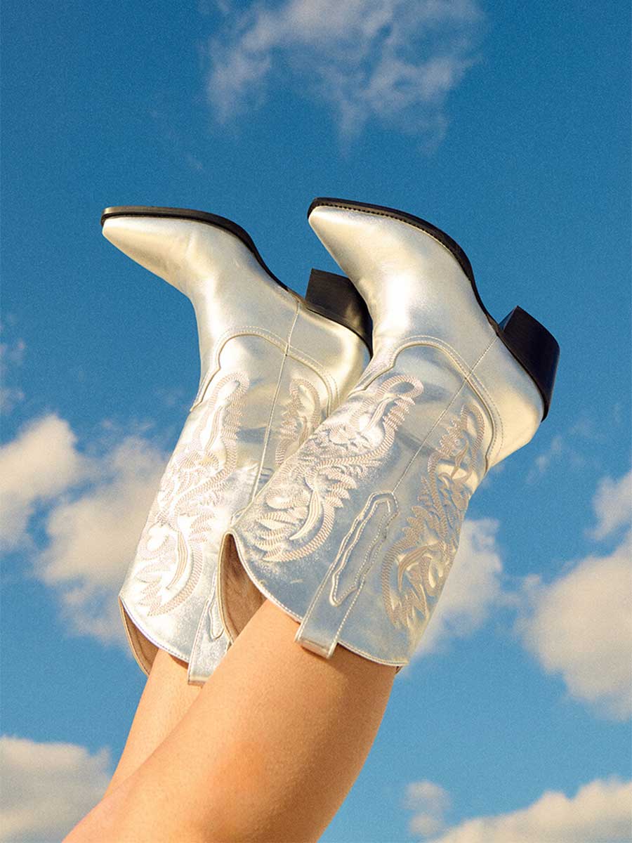 Silver Metallic Touch Snip Toe Embroidered Wide-Calf Cowgirl Boots