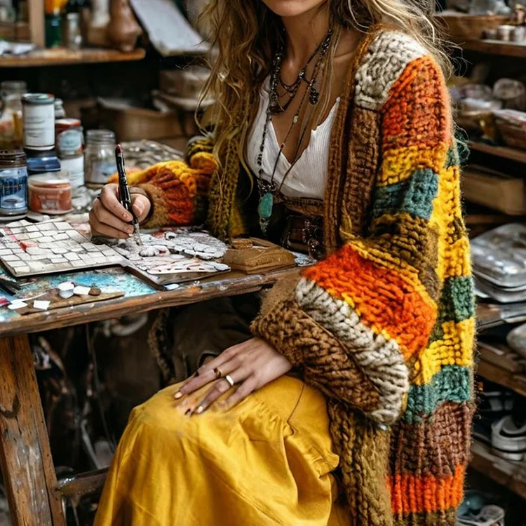 Women's Colorful Patchwork Pattern Print Cardigan