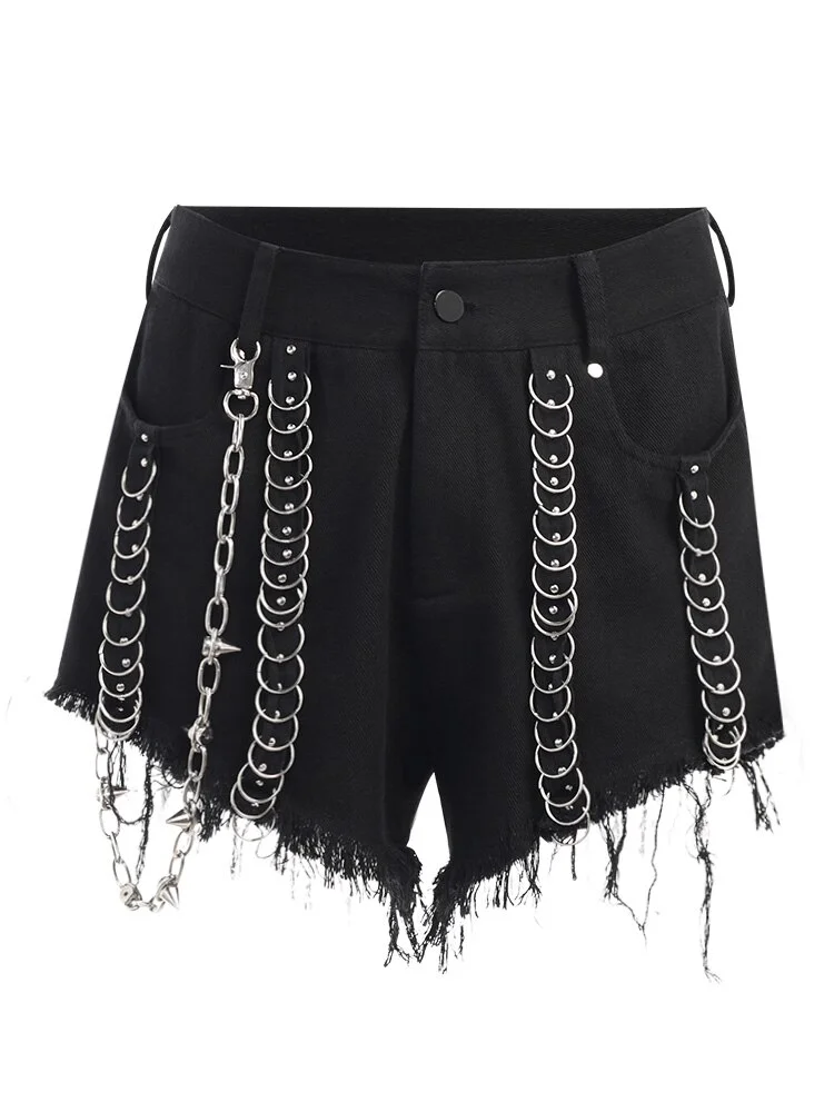 Jangj Punk Black Tassel Shorts Egirl Teens Harajuku Emo Y2k Jean Shorts Grunge High Waist Chain Shorts Gothic Mall Alt 90s Clothes Mom