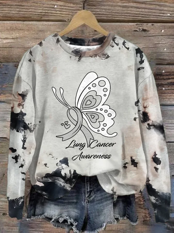 Women's Lung Cancer Awareness Butterfly White Ribbon Print Sweatshirt socialshop