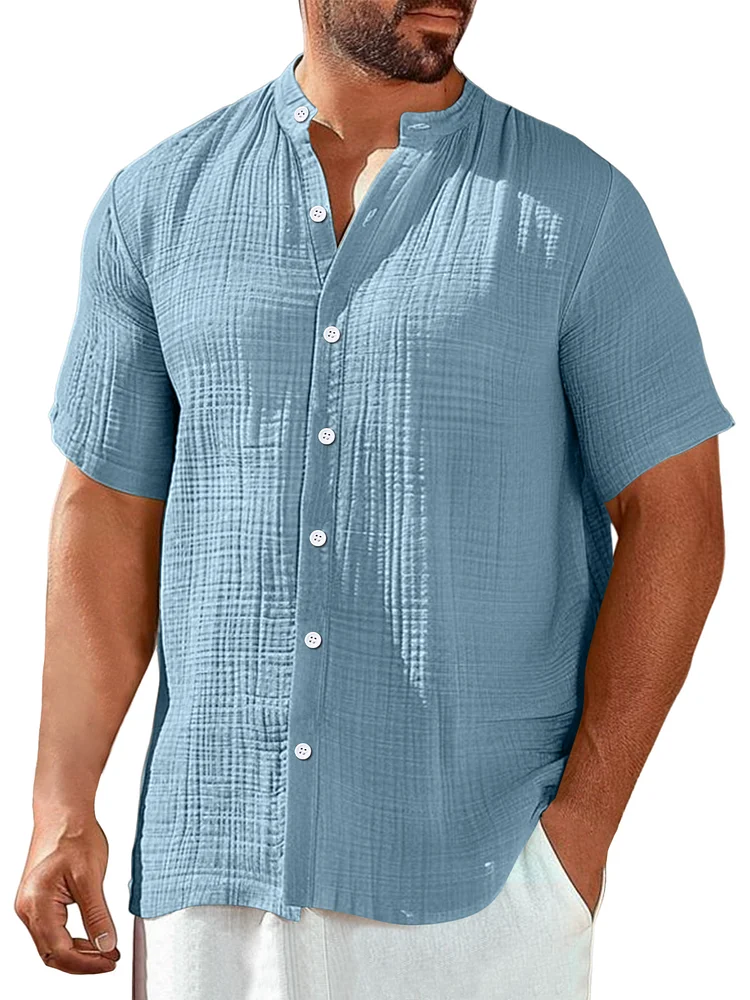 Men's Summer Pleated Solid Color Stand Collar Short Sleeve Shirt