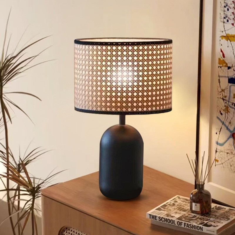 Retro Handwoven Rattan Table Lamp with Metal Base