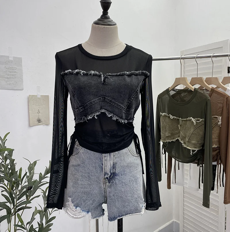 Uveng Vintage Spice Girls Stomee Net Yarn Sexy Perspective Drawstring Long-Sleeved T-Shirt Top 2630