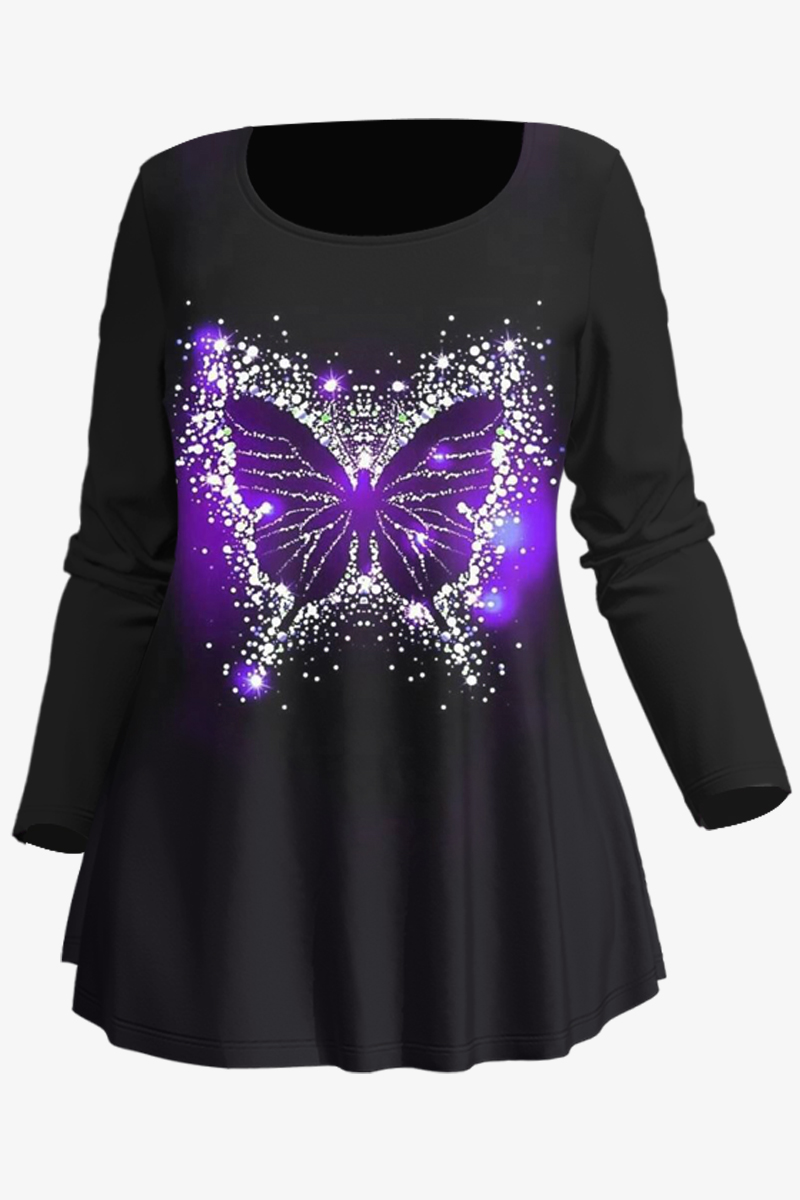Flycurvy Plus Size Christmas Black Butterfly Print T-Shirt 2024 - Flycurvy 