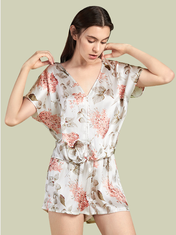 22 Momme Franch Design Printed Comfy Loose Short Pajamas Set-Real Silk Life