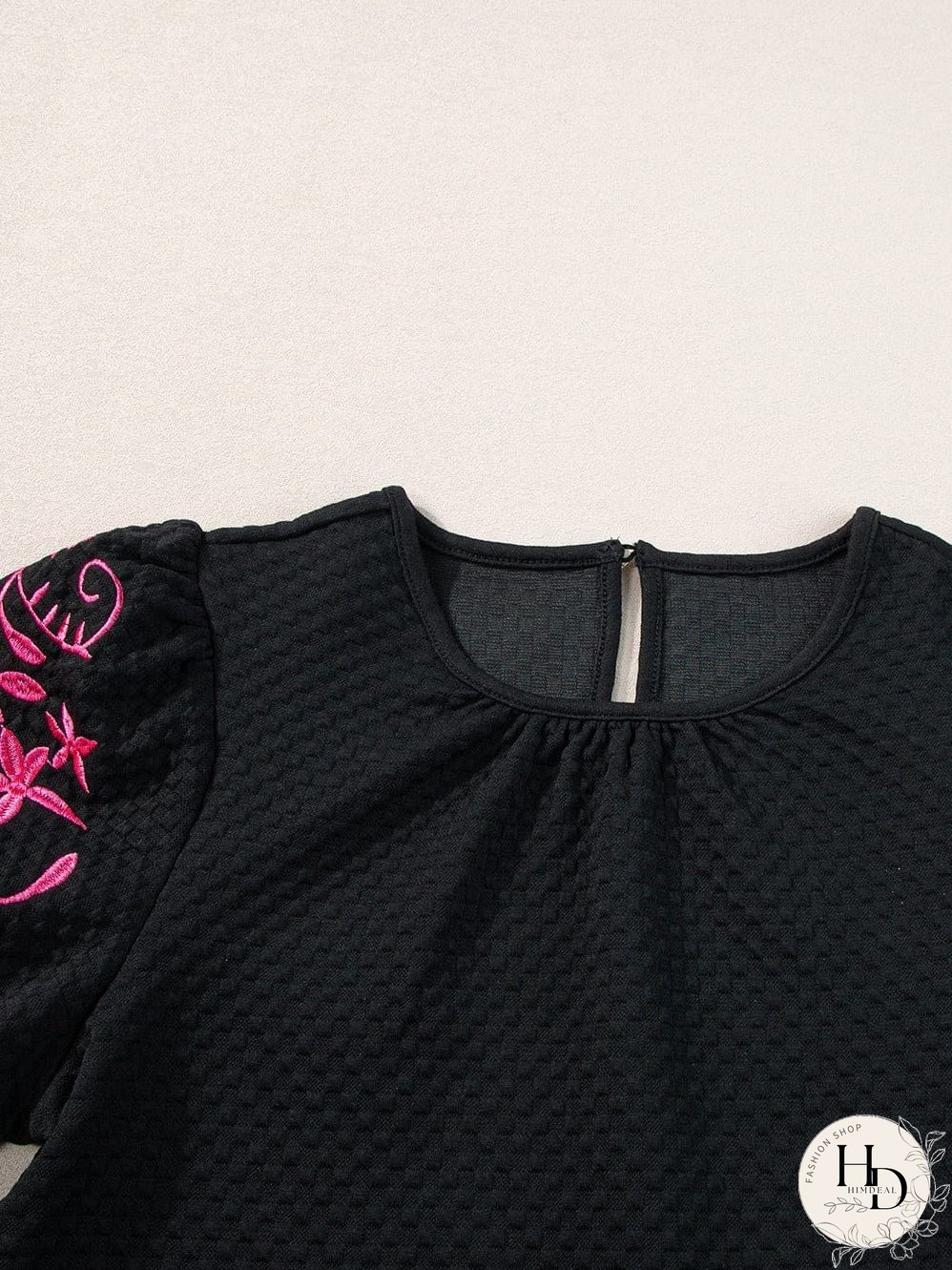 Summer Black Embroidered Puff Sleeve Top