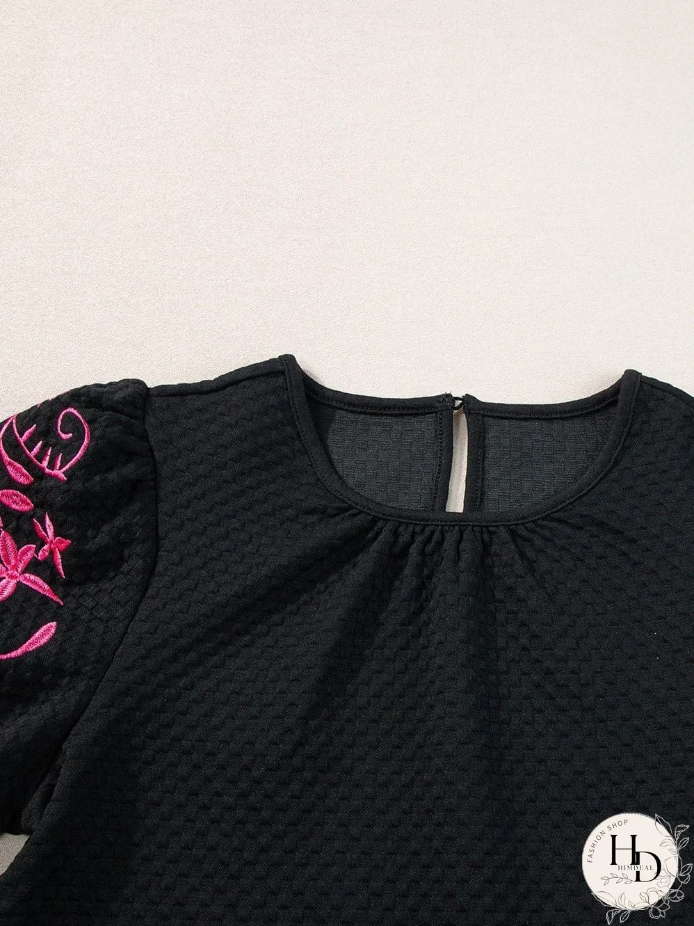 Summer Black Embroidered Puff Sleeve Top
