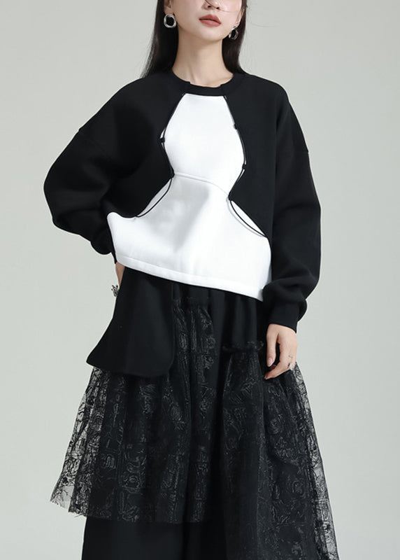 VCSHOES Loose Black O Neck Patchwork Cotton Sweatshirts Tracksuits Fall