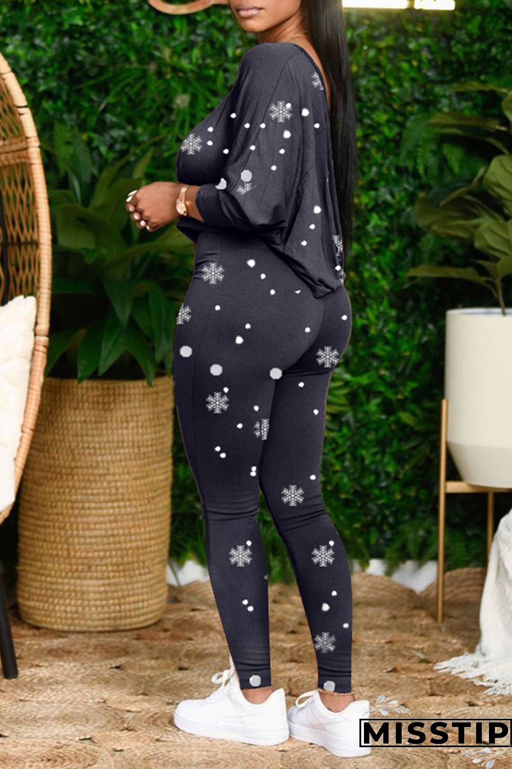 Black Casual Print Patchwork Off the Shoulder Long Sleeve Two Pieces