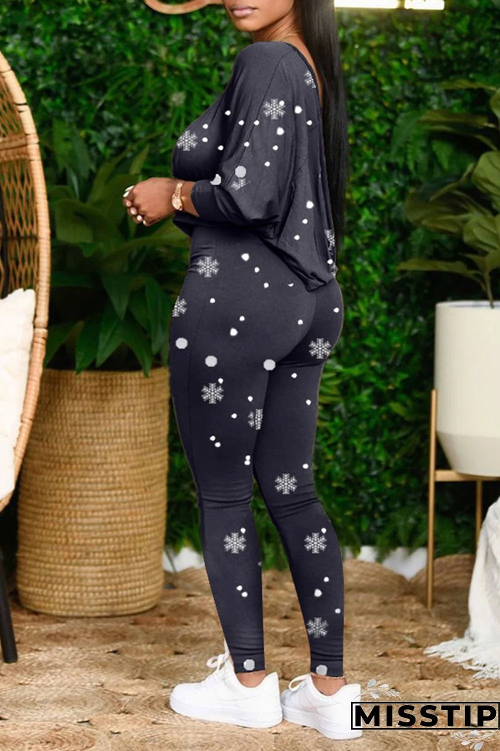 Black Casual Print Patchwork Off the Shoulder Long Sleeve Two Pieces