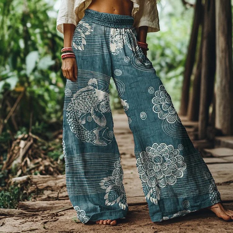 Vintage Japanese Art Print Loose Wide Leg Pants