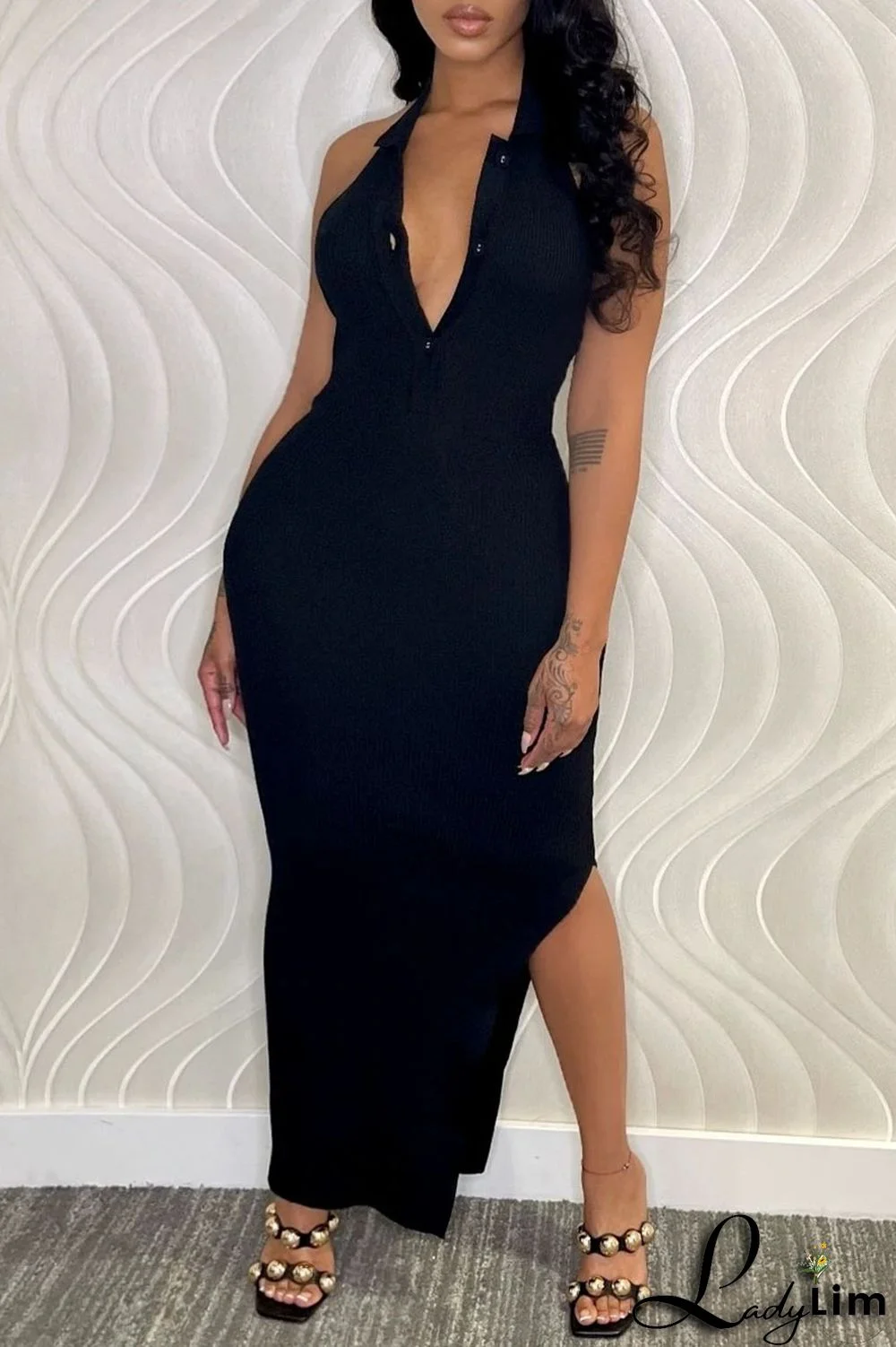 Black Sexy Solid Split Joint Slit V Neck One Step Skirt Dresses