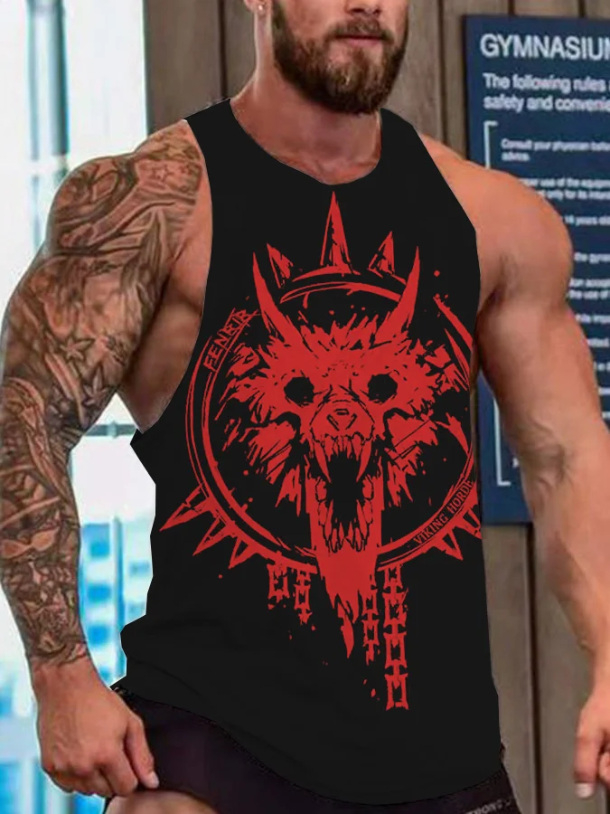 Broswear Men's Viking Wolf Fenrir Graphic Round Neck Tank Top