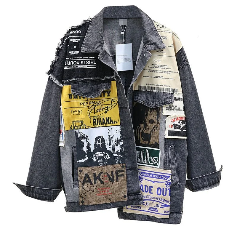 Black Black Denim Jacket  2020 Autumn New Streetwear Full Sleeve Appliques Newspaper Pattern Large Size Leisure Trend Coat