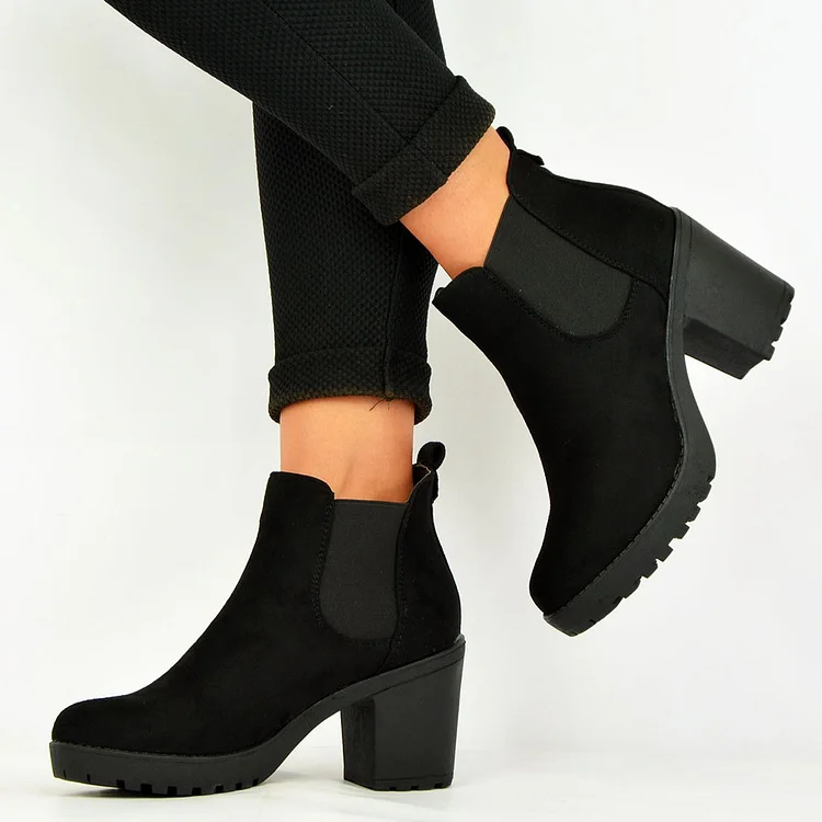 Women's Black Chelsea Boots Suede Toe Chunky Heels Ankle |FSJshoes
