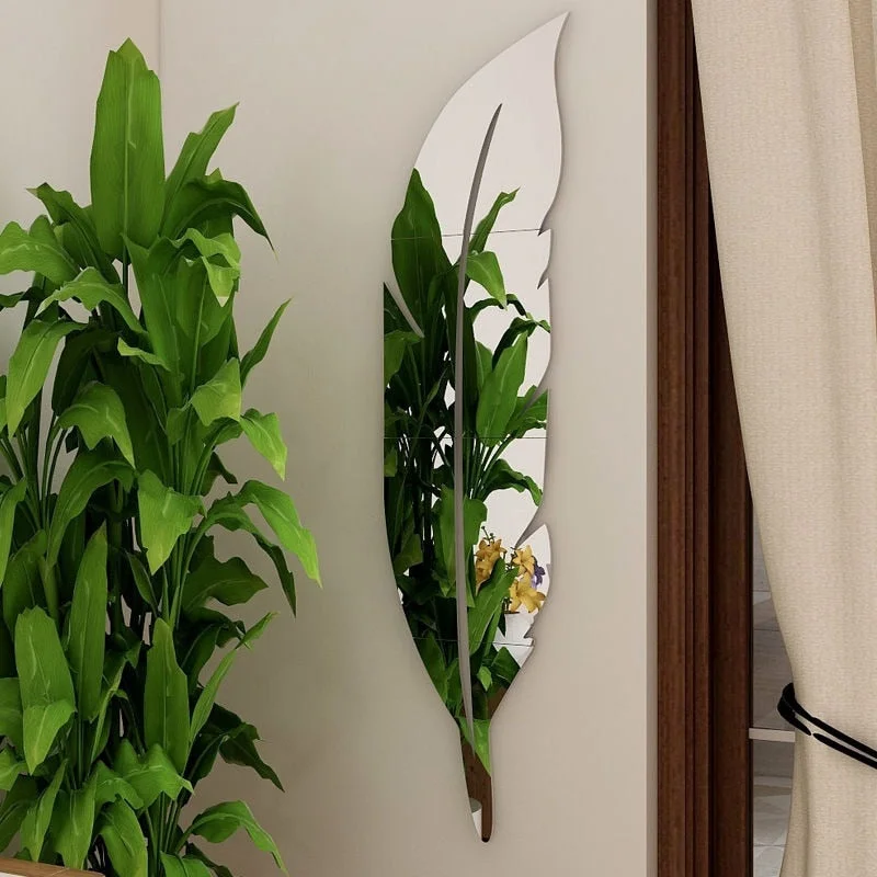 1pcs Feather Reflector Ball Room Bathroom Decor Acrylic Wall Mirror Irregular Mirror Living Room Decoration Mini Sticker Mirror