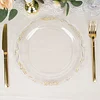 10 Pack | 10" Gold Vintage Rim Clear Hard Plastic Dinner Plates With Embossed Scalloped Edges, Disposable Party Plates