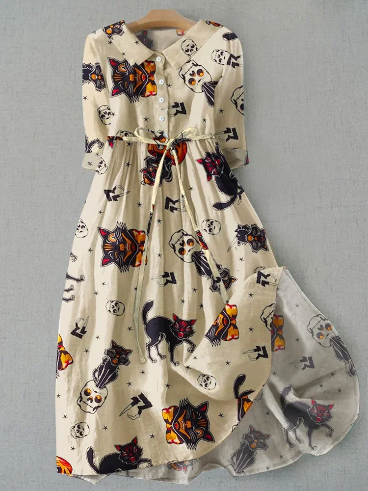 Casual Artistic Halloween Print Loose Tie Dress