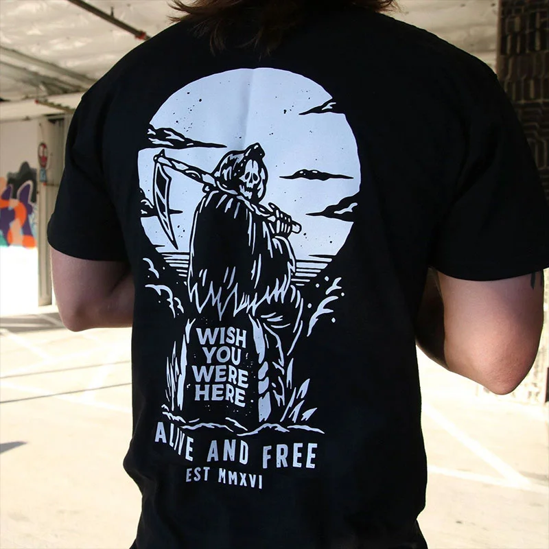 WISH YOU WERE HERE Skull Landscape Graphic Black Print T-shirt