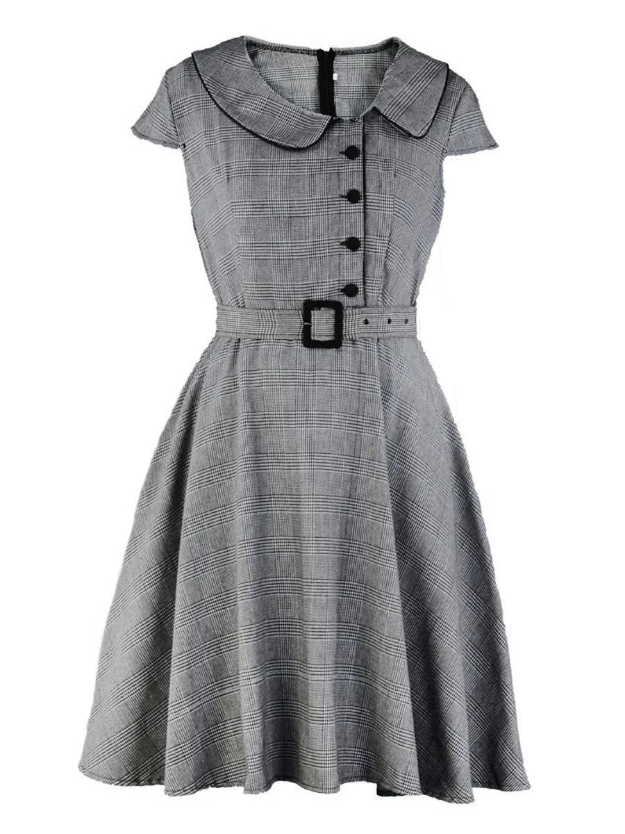 Women's Plaid Dress Doll Collar Short Sleeve A-line Midi Dress