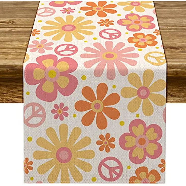 Peace Love Daisy Flower Linen Table Runners Kitchen Table Decor Washable Dining Table Runners Holiday Party Decoration