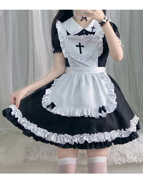 Cosplay Bowknot Cross Bubble Sleeve Ruffled Peter Pan Collar Mini Maid Dress