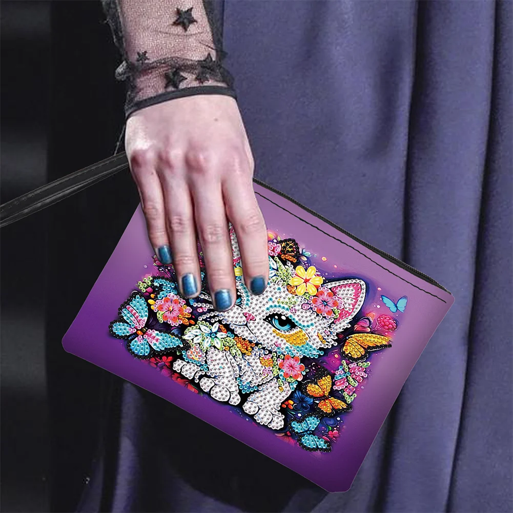 DIY Butterfly Cat PU Partial Special Shaped Diamond Painting Wallet Makeup Bag