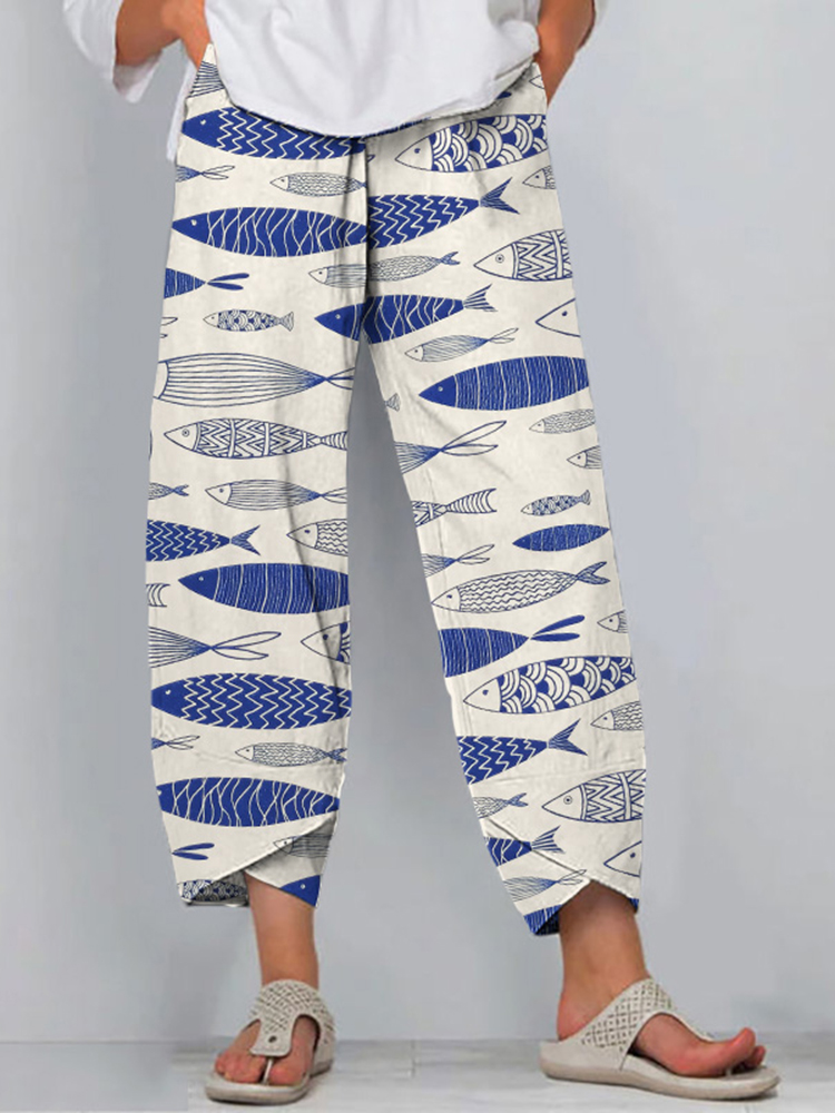 Comstylish Japanese Art Fish Print Casual Pants