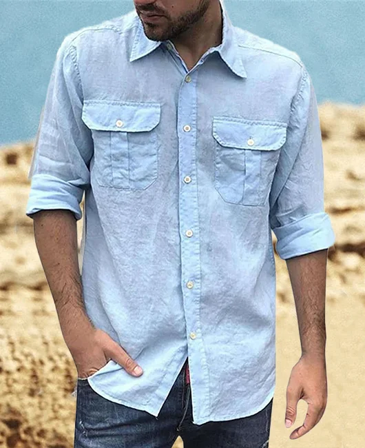 Casual Chest Pocket Cotton And Linen Long Shirt 