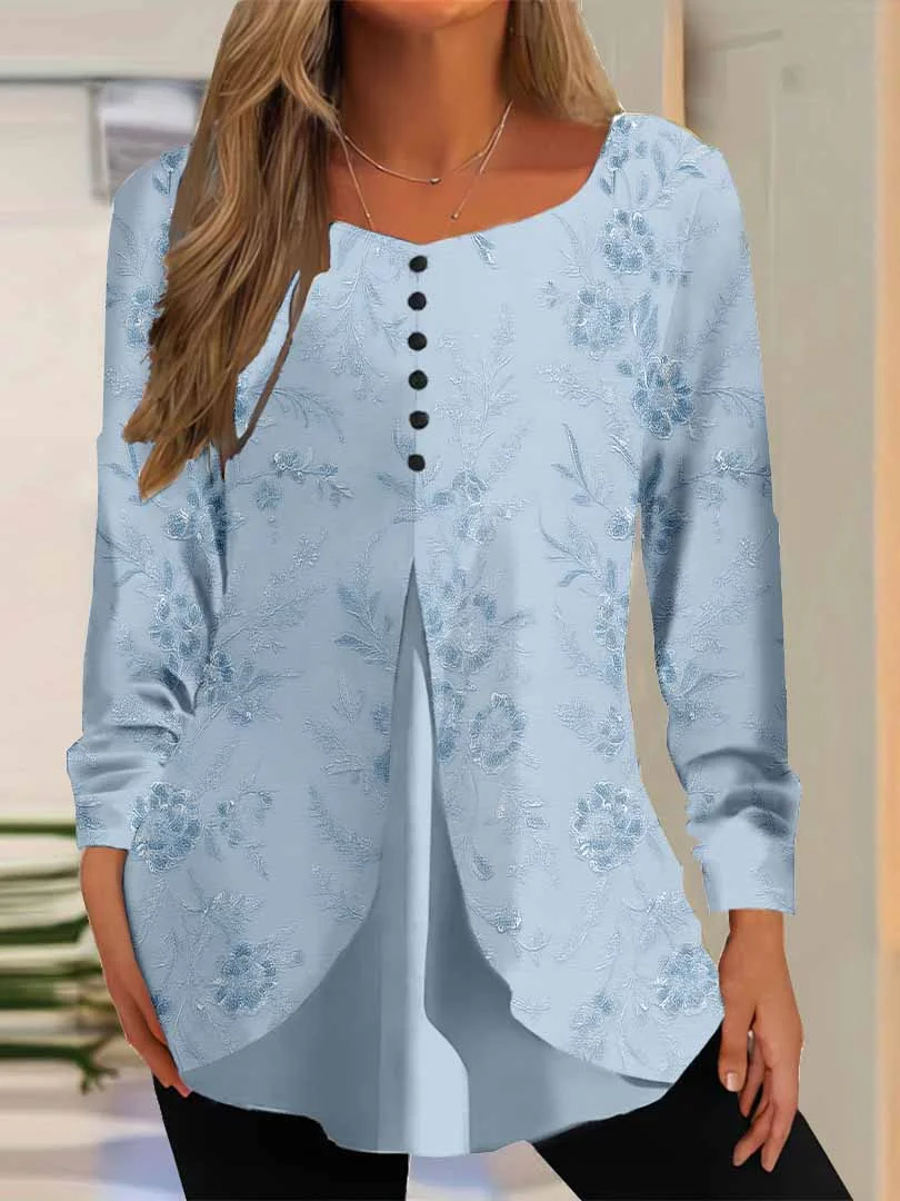 Women Floral,Blue DZGG8260 Long Sleeve Scoop Neck Printed Graphic Button Fake 2in1 Tops