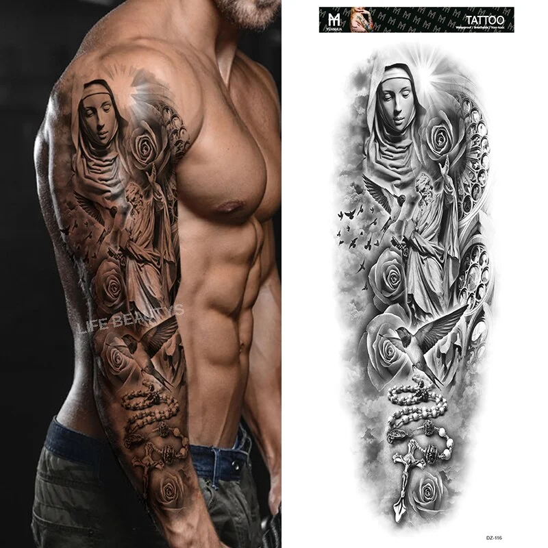 Sdrawing Temporary Full Arm Tattoos Man Women Cool Leg Art Tiger Wolf Black Sleeve Large Fake Sticker Glitter Multiple Style