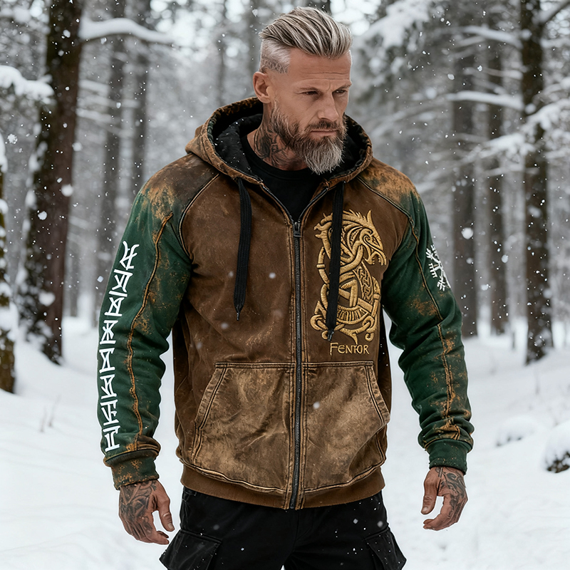 Men's Vintage Viking Symbol Dragon Totem Color Block Distressed Hoodie elevenforest