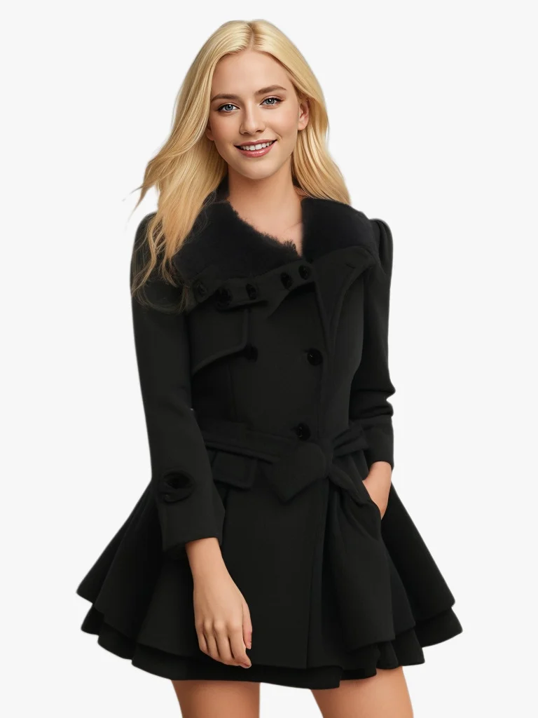 Nigikala Nigikala Women's Belt Repair Long Hair, Coat Skirt With Wool Double Buckle Coat