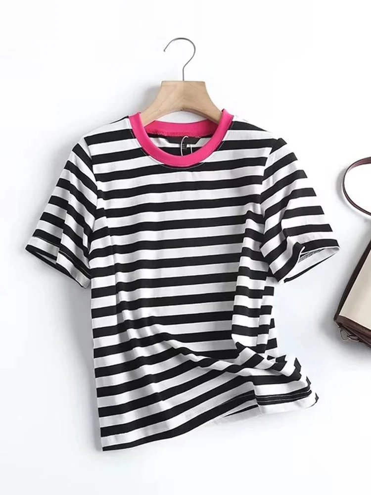 Tlbang New 2024 Women Vintage Striped Cotton T Shirt O Neck Short Sleeve Ladies Casual Tees Summer Basic Tops