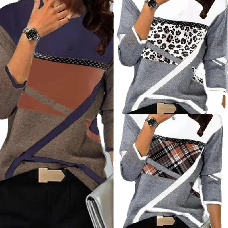 Uveng Loose Color Printed Round Neck Long Sleeve T-shirt