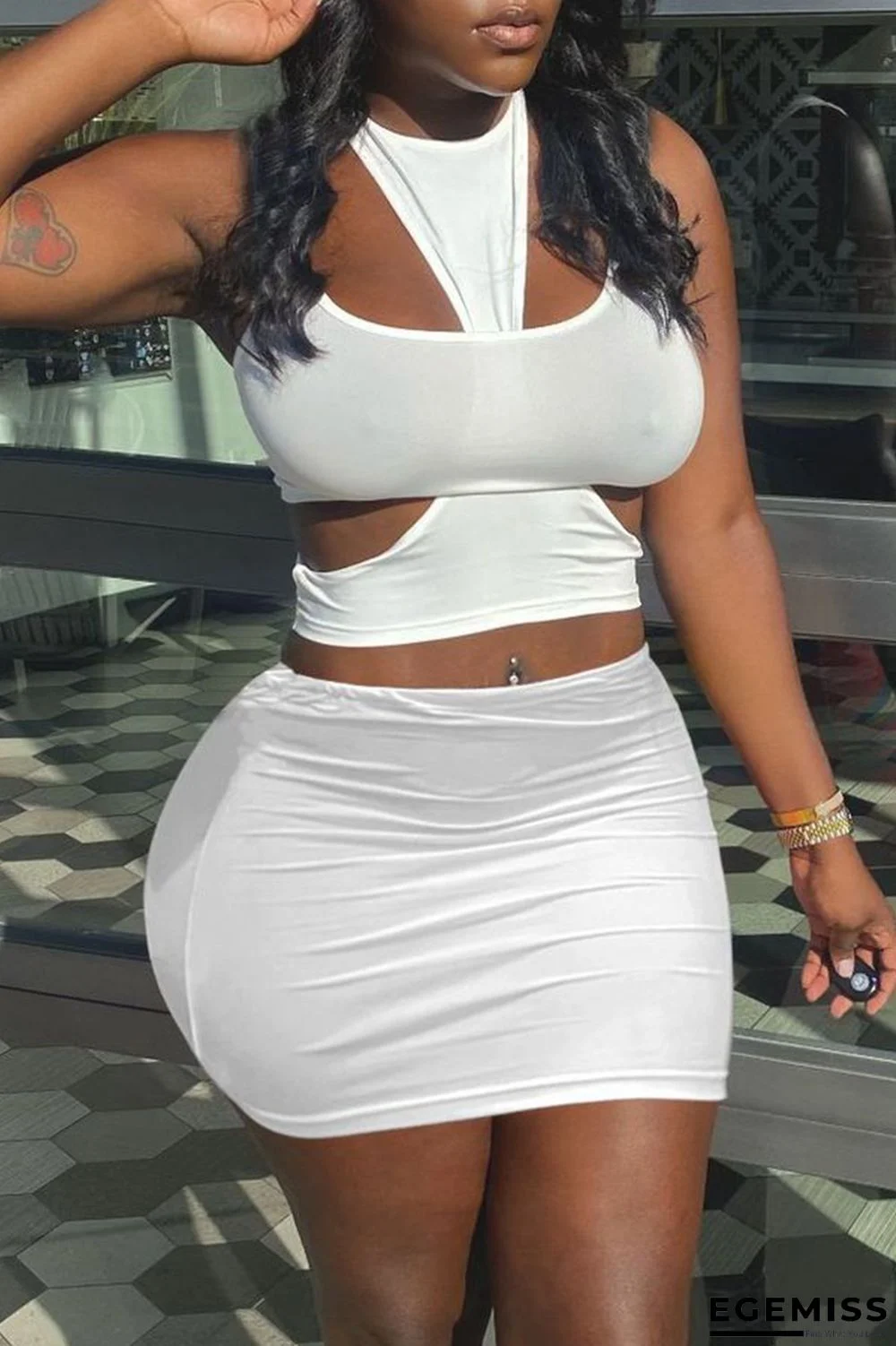 White Fashion Sexy Solid Hollowed Out O Neck Sleeveless Three-piece Set | EGEMISS