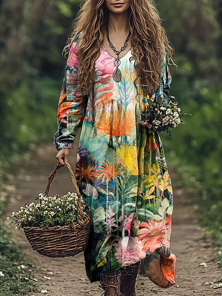 Women's Colorful Flowers Print Pocket Cotton Dress