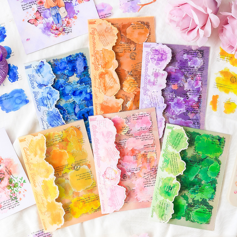 PET 스티커 - 장미빛 구름 시리즈 빈티지 영어 텍스트 수채화 번짐 풍경