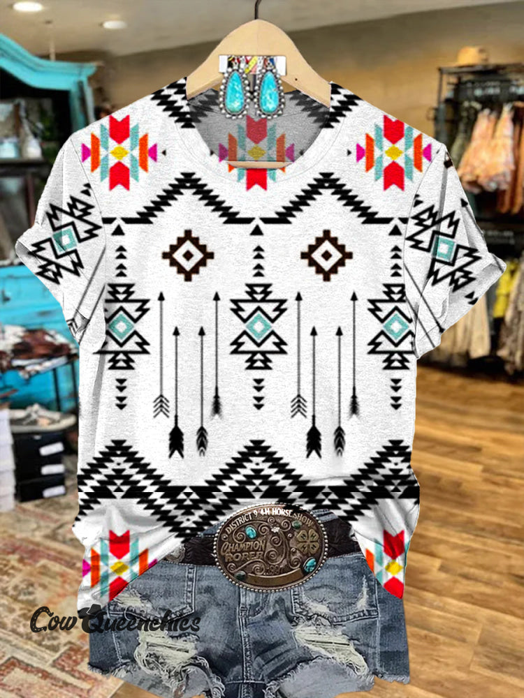 Aztec Art Print Round Neck Short Sleeves T-shirt Multicolor / S