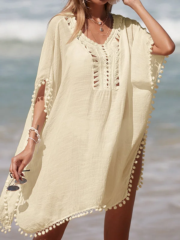 Women plus size clothing Women's Half Sleeve V-neck Lace Hollow Tassels Beach Medium Style Smock-Nordswear