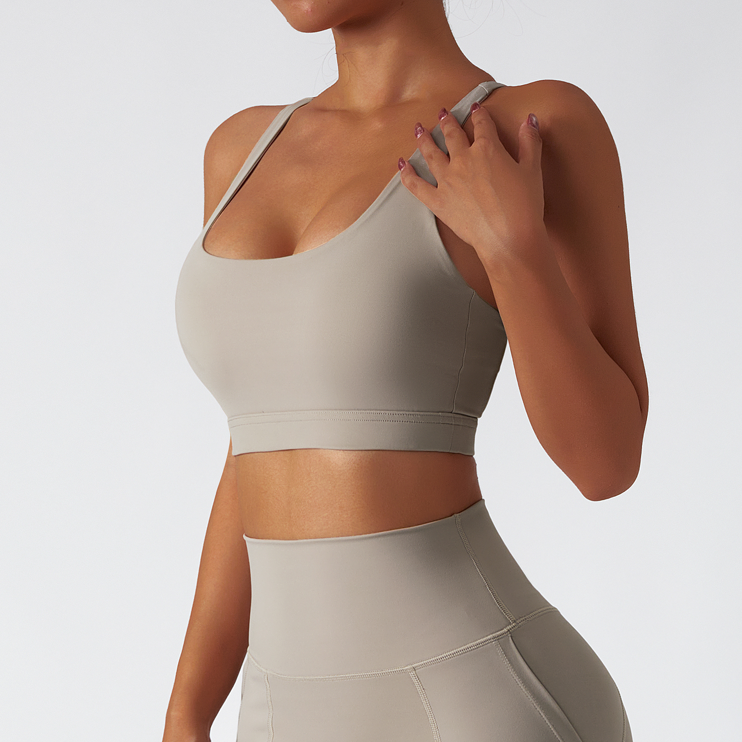 Buy Oat Milk different colors and types of sustainable recycled 4 way stretch ethically made naked feel high support racerback running sports bra with removable on Hergymclothing