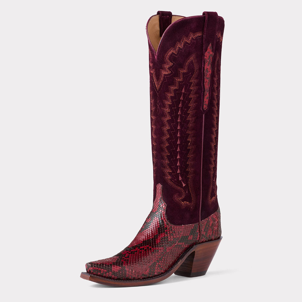 Maroon Embroidered Low Heel Snakeskin Snip Toe Cowgirl Boots for Women Nicepairs