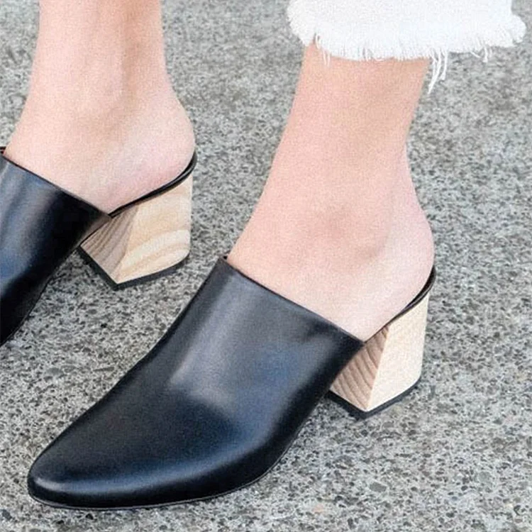 Women's Black Block Heel Sandals Almond Toe Mules |FSJ Shoes