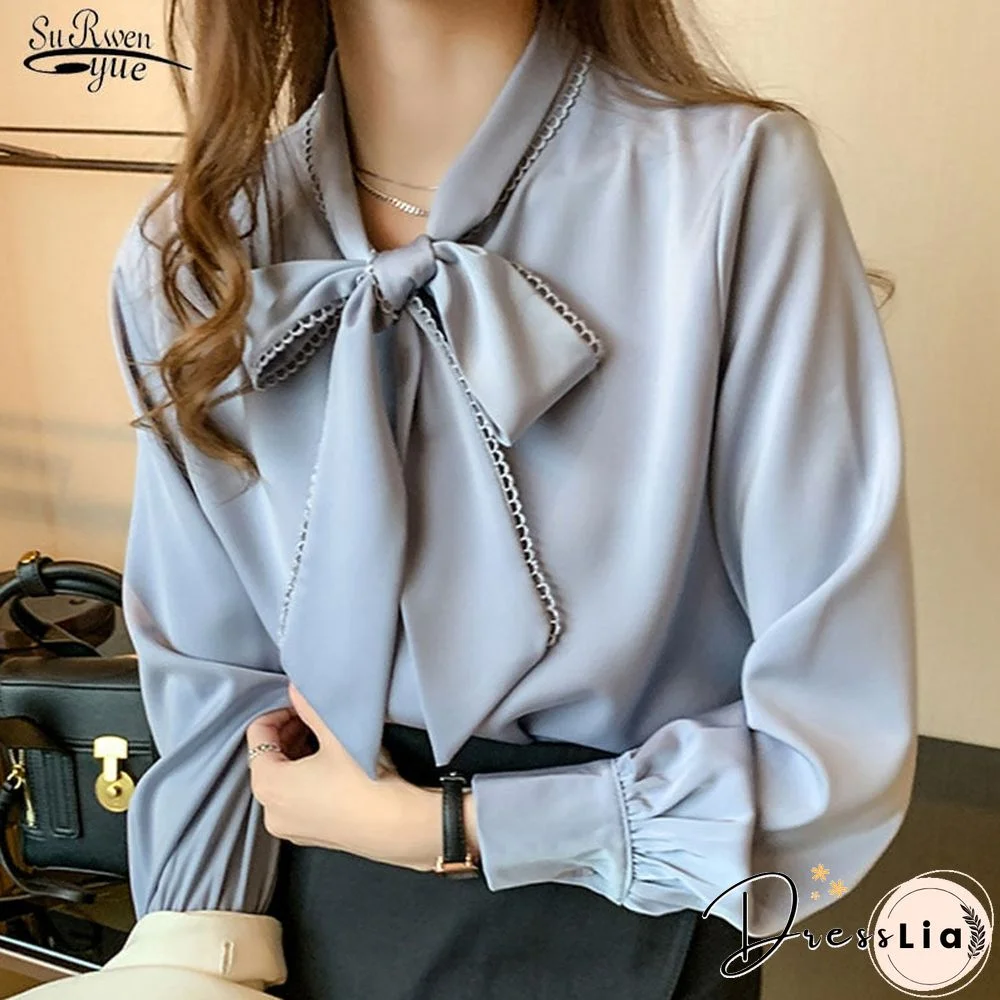 Spring Fashion Korean Tops Satin Chiffon Blouse Women Loose Long Sleeve Shirt White Blue Office Lady Clothes With Bow