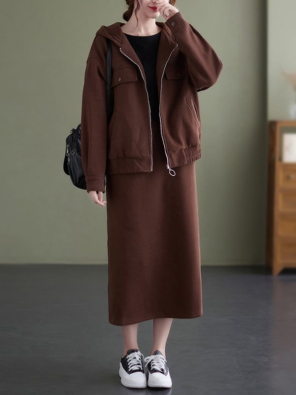 Urban Solid Color Hooded Outerwear&Straight Skirt Two Pieces Set