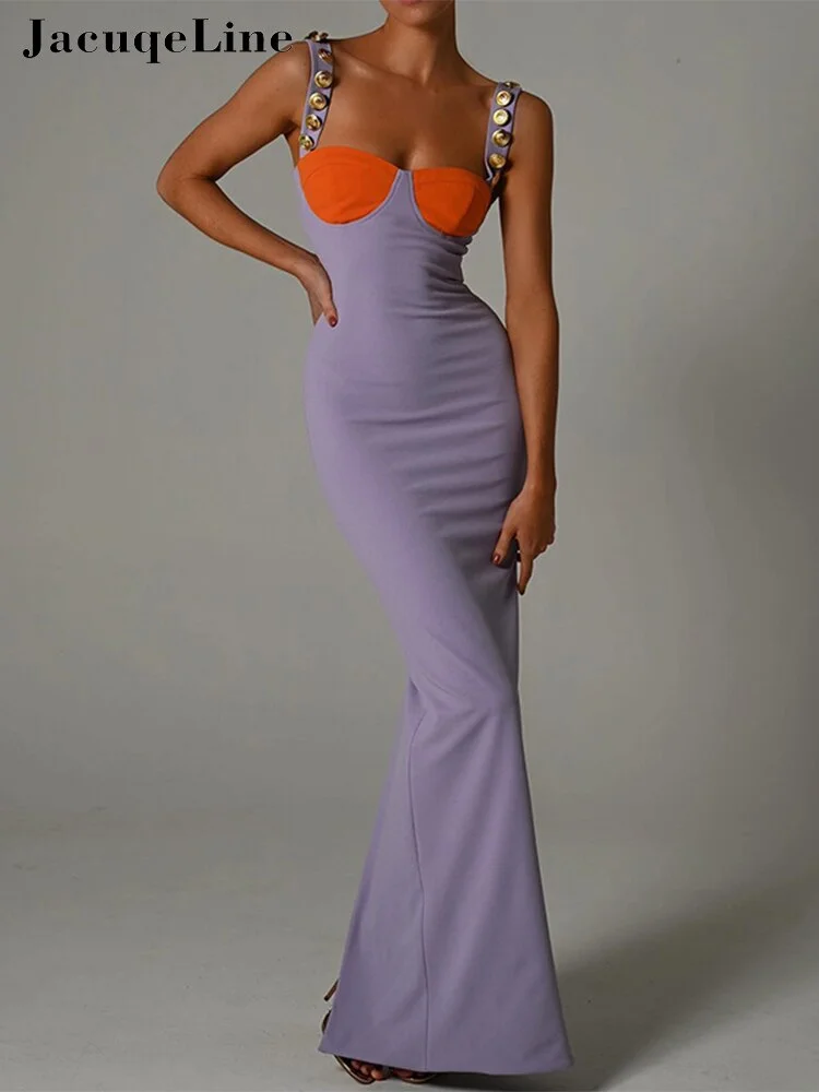 Jacuqeline 2022 Sleeveless Summer Dress Long Sexy Bodycon Clothes for Women Patchwork Backless Button Elegant Dresses Club Party